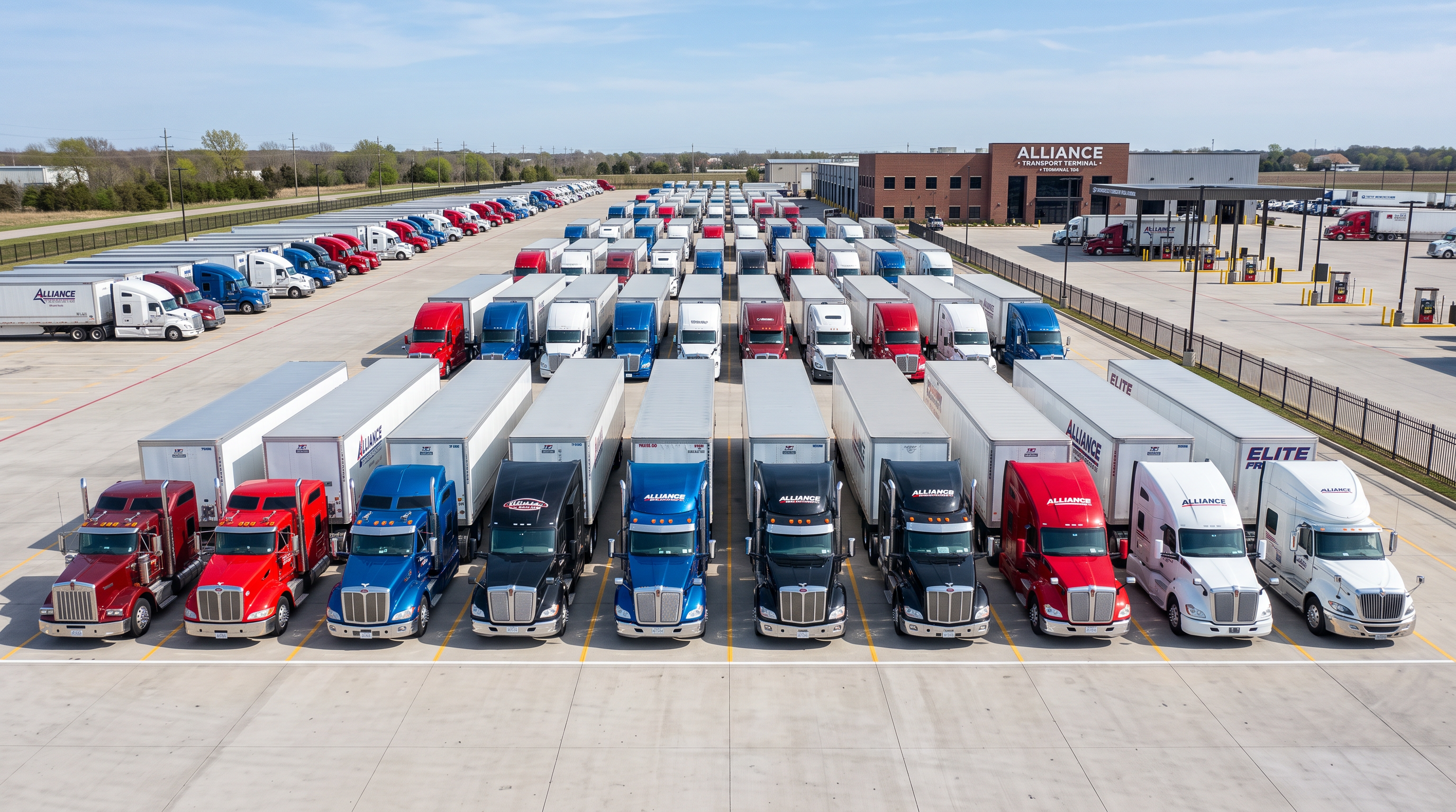 Fleet of commercial semi-trucks at a trucking terminal