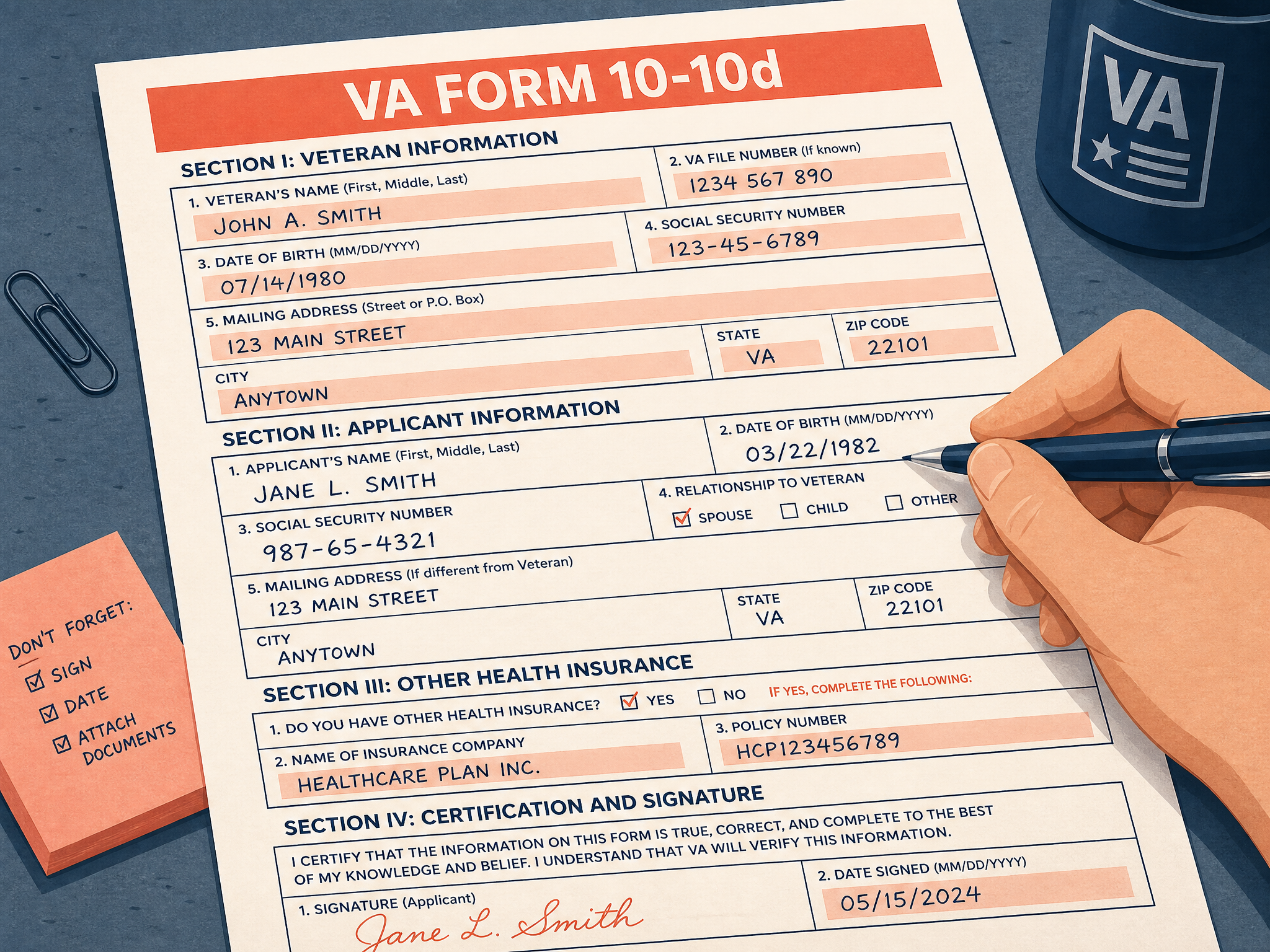 Illustration of the single-page VA Form 10-10d CHAMPVA application being completed field by field with a pen - the act of filling out the form