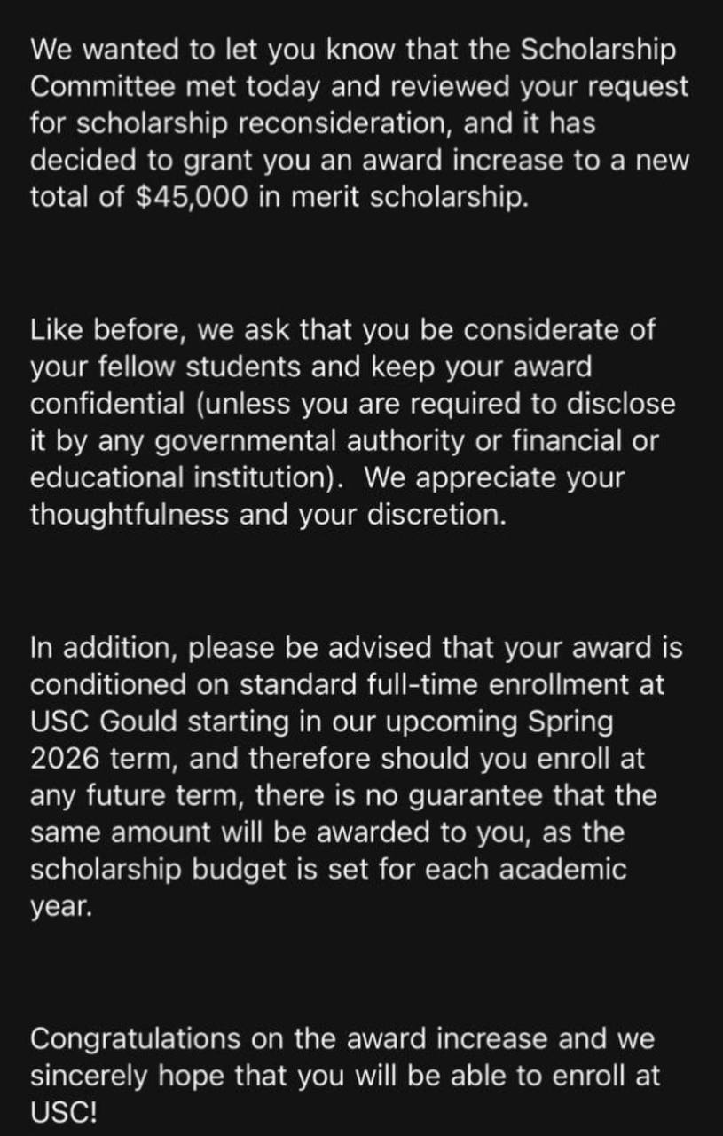 USC Gould School of Law admission letter