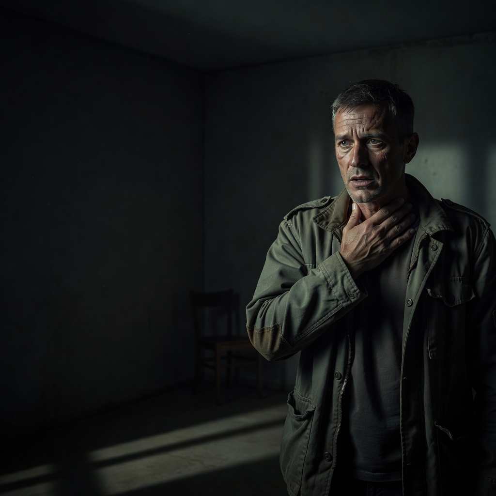 A white male veteran in his 40s in a dim room with one hand at his throat and mouth slightly open as if his voice is failing