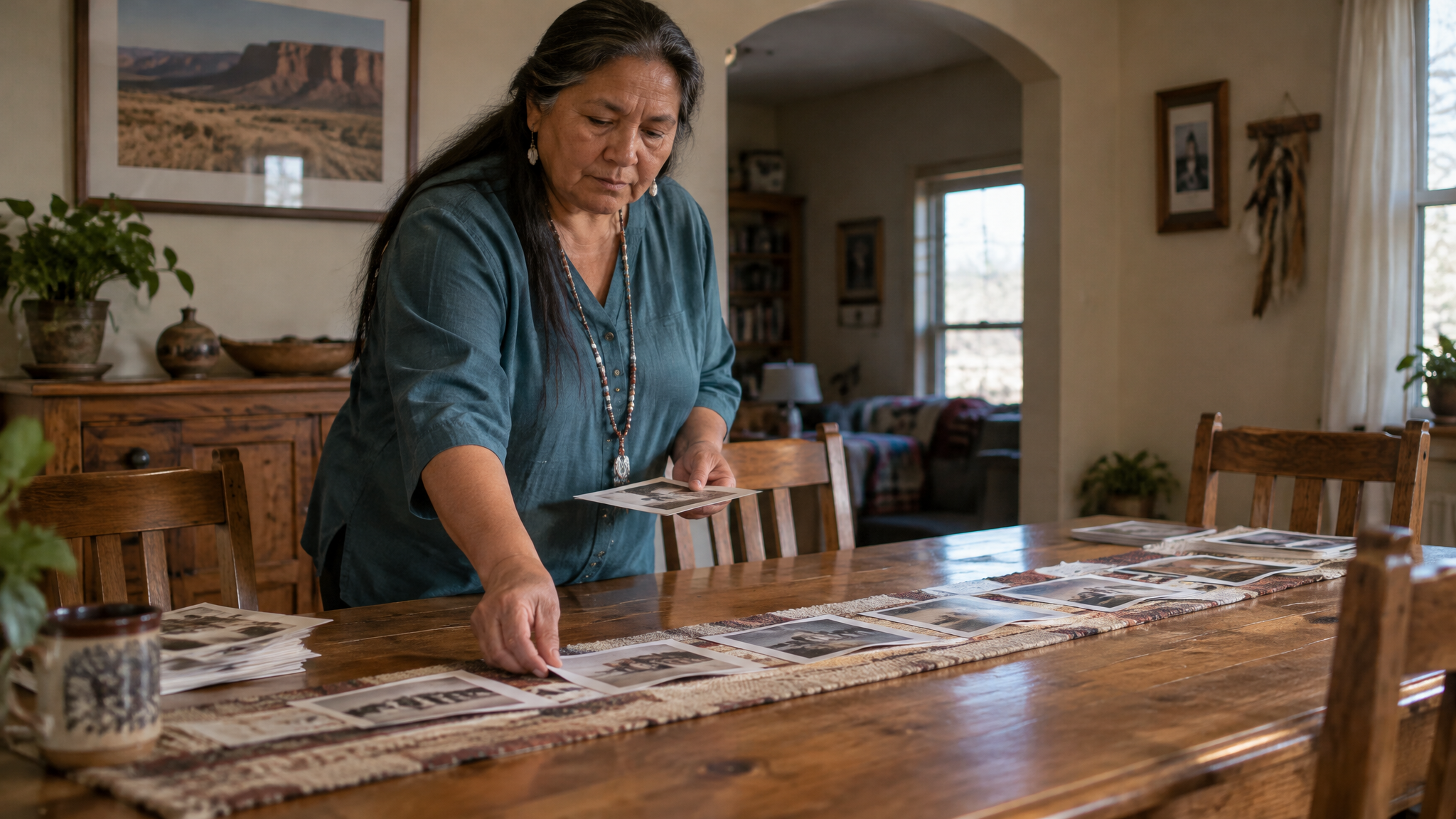 A woman veteran laying out papers in a long row across a wooden dining table like a timeline