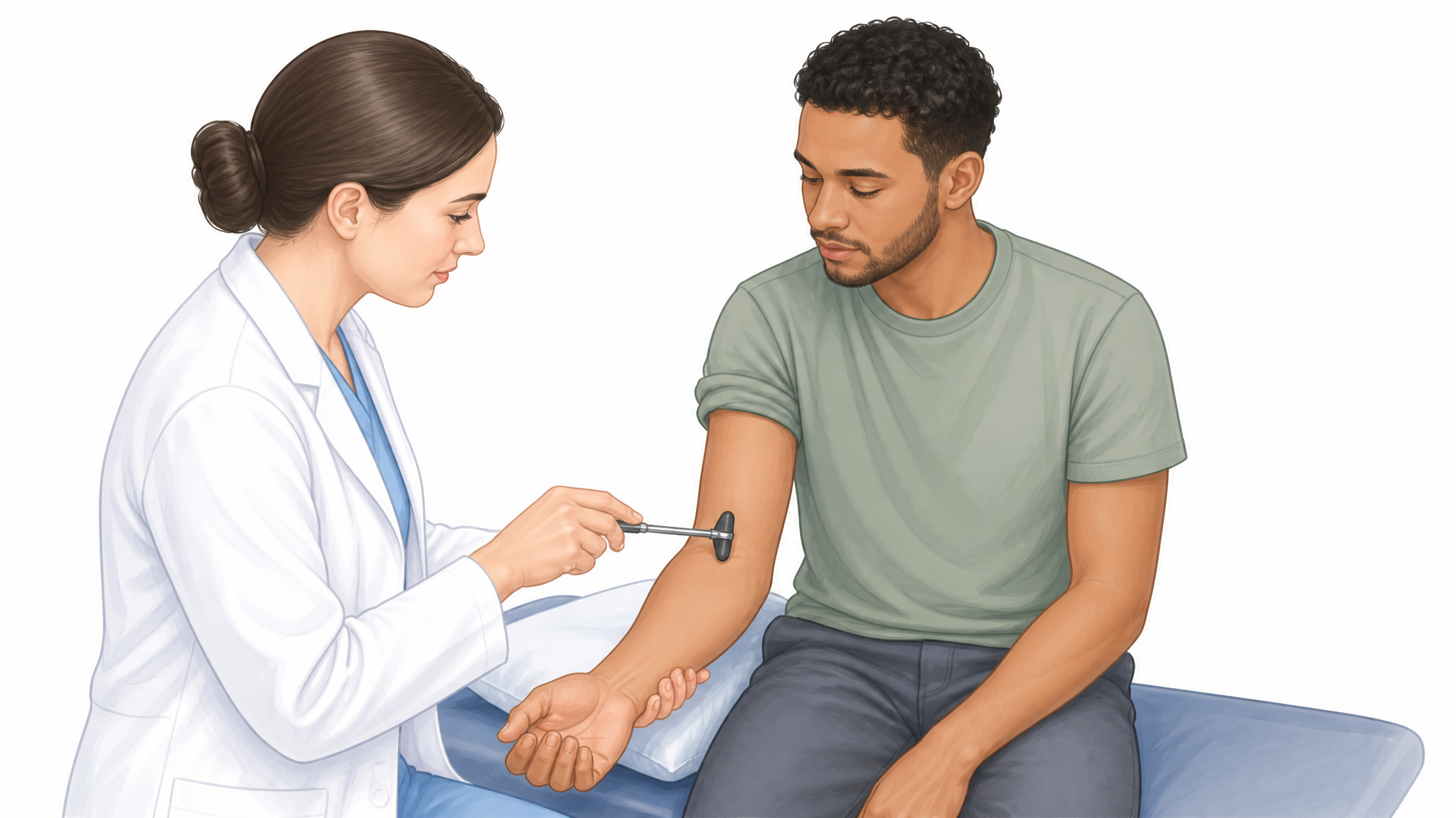 Illustration of a clinician tapping a patient's forearm tendon with a reflex hammer to test for exaggerated deep tendon reflexes