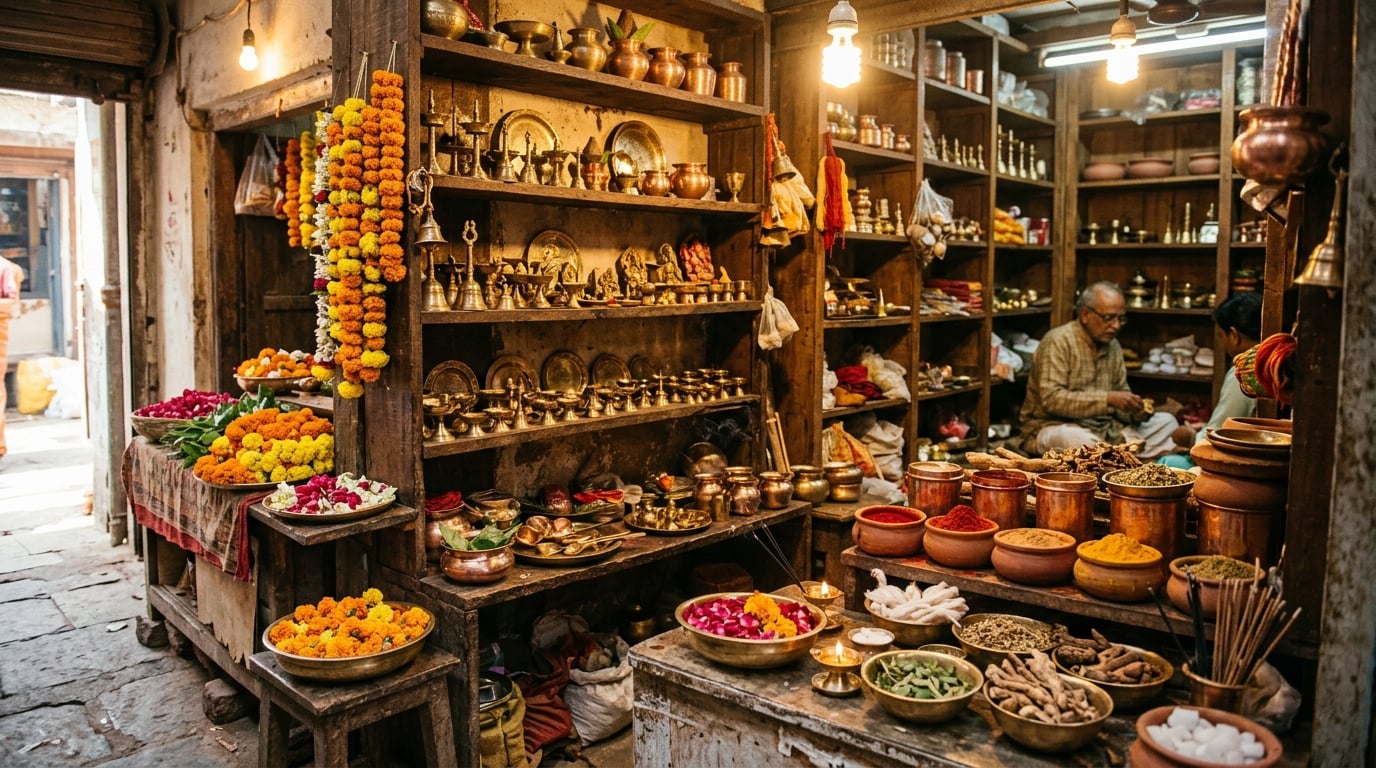 Traditional puja samagri shop with brass items and natural ingredients
