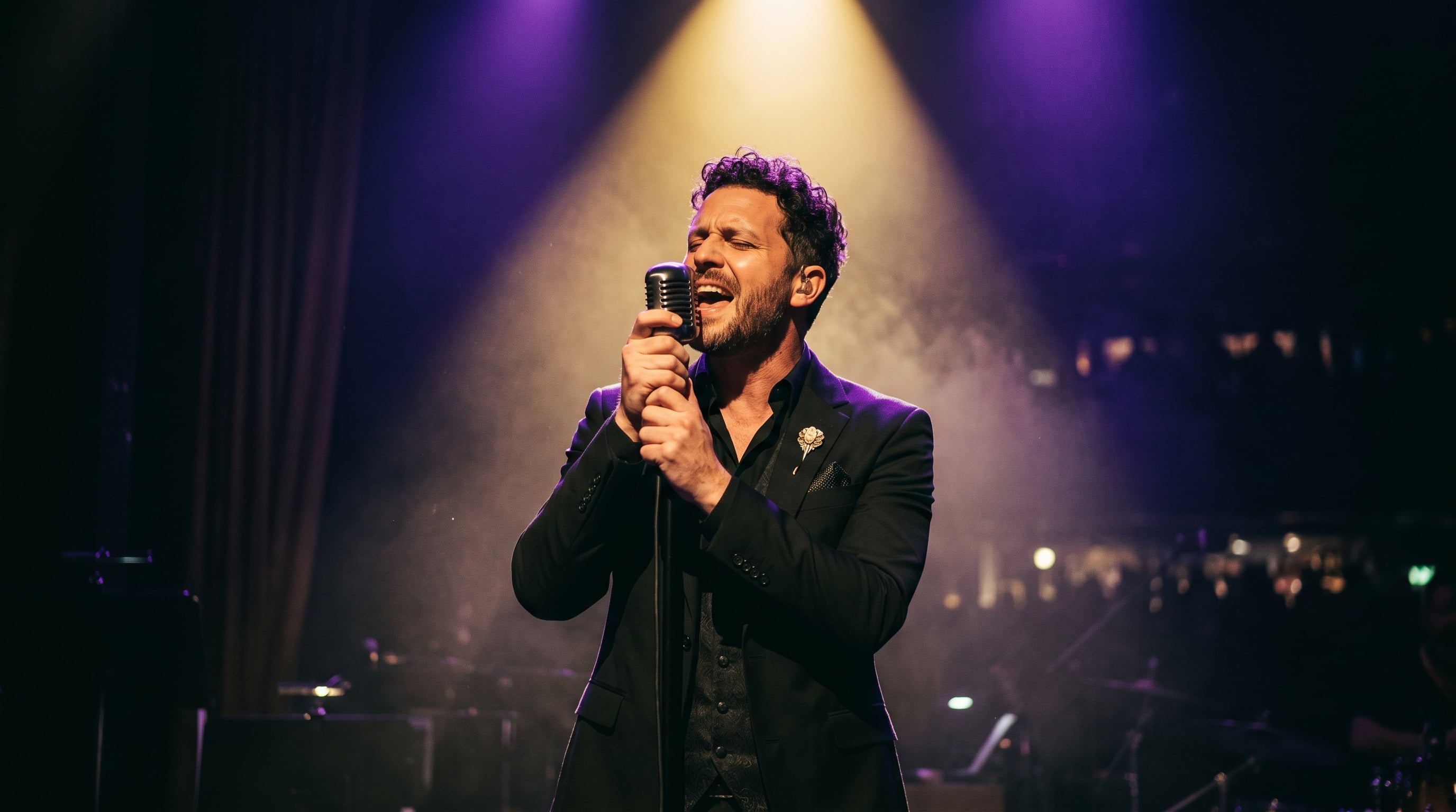 Charismatic performer on a dark stage under a dramatic gold spotlight