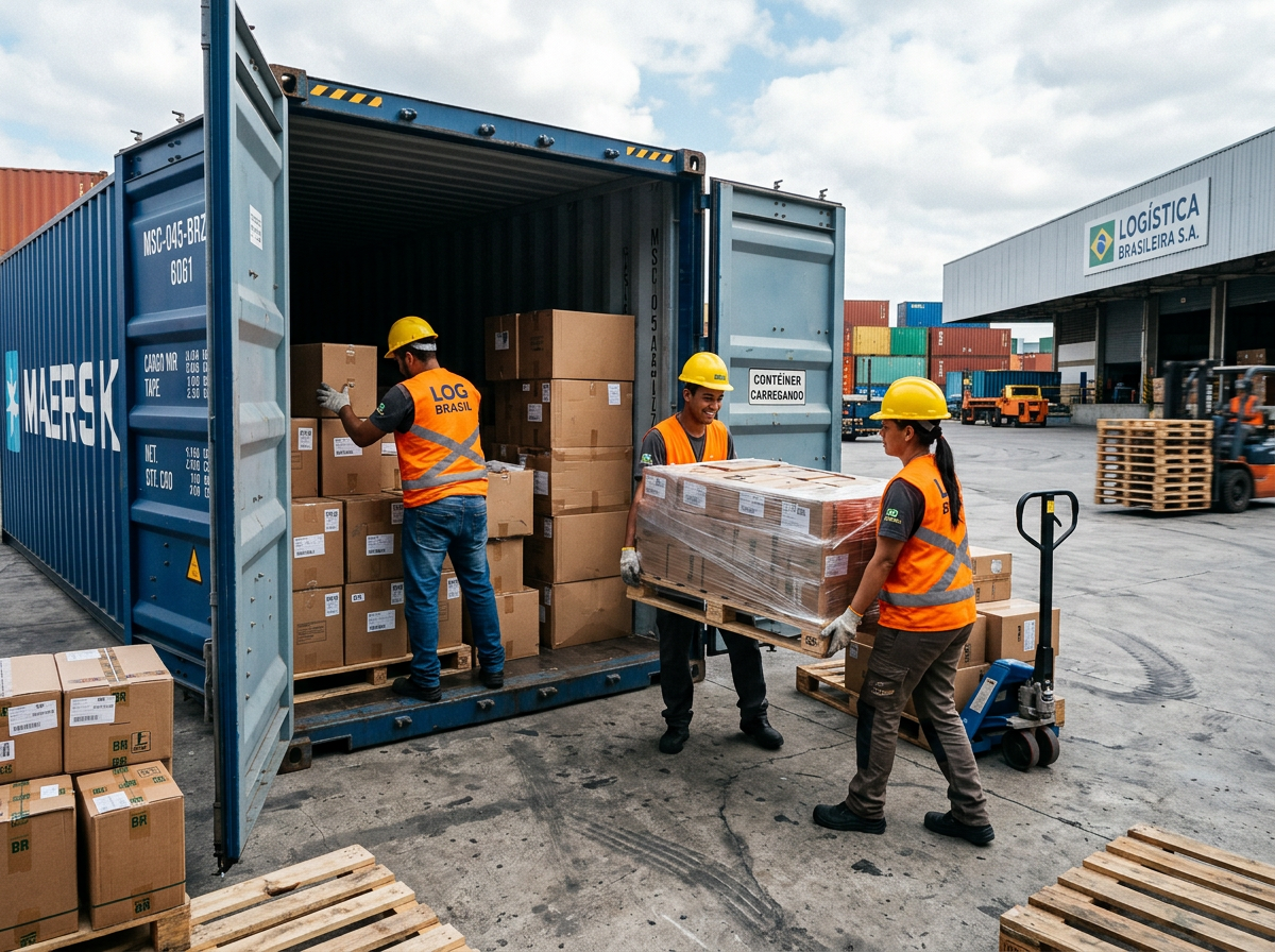 Carregamento de contêiner com mercadorias