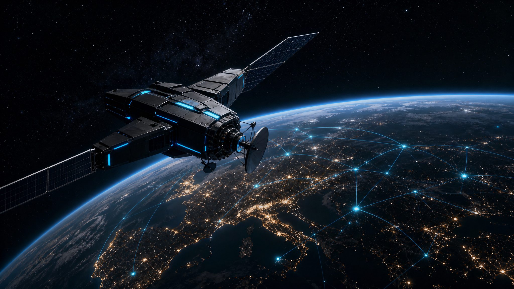 Reconnaissance satellite linking global intelligence nodes