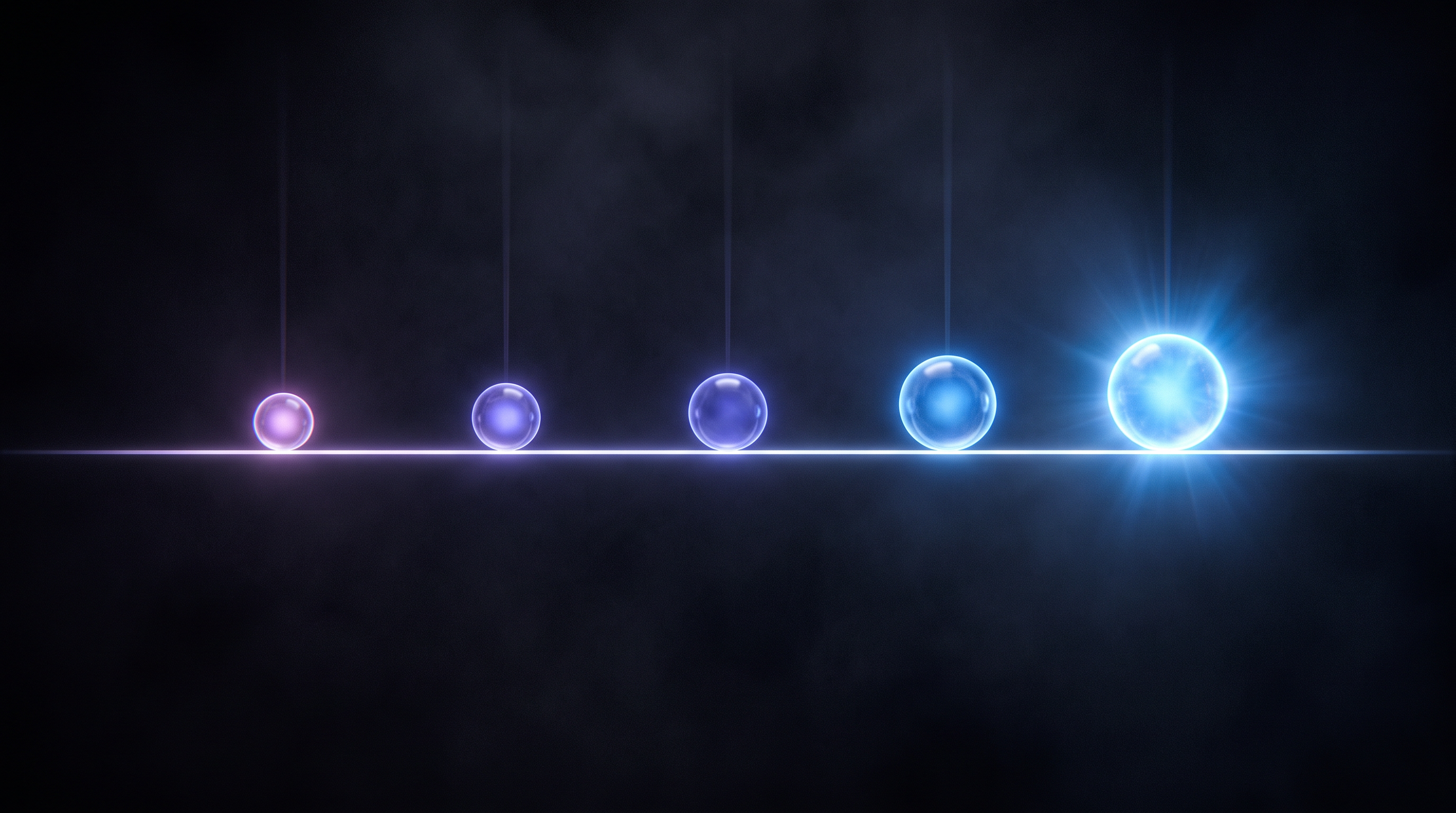 Five glowing spheres arranged along a light rail against a dark background, each larger and cooler in colour than the one before it, representing progress over ninety days