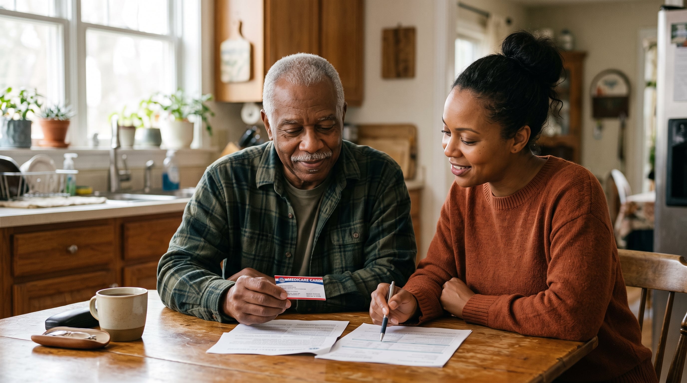 A senior veteran and his adult daughter calmly reviewing his Medicare card and insurance paperwork at the kitchen table