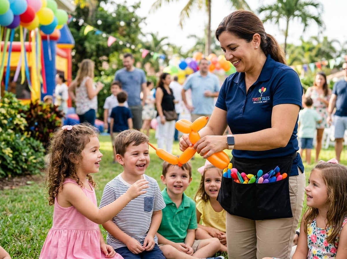 Artista de globos creando figuras para niños