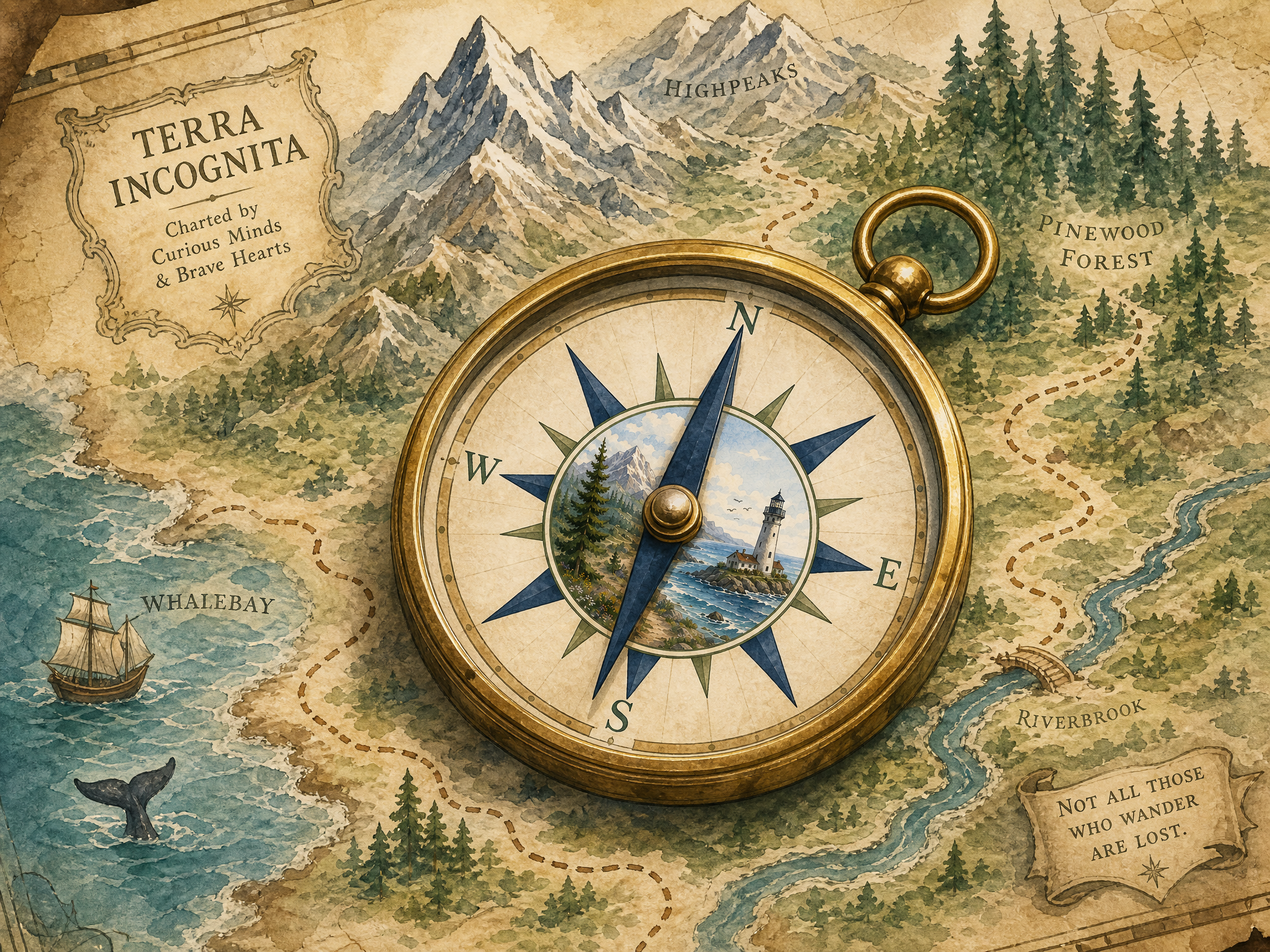 Compass on a watercolor adventure map representing the Family Concierge feature