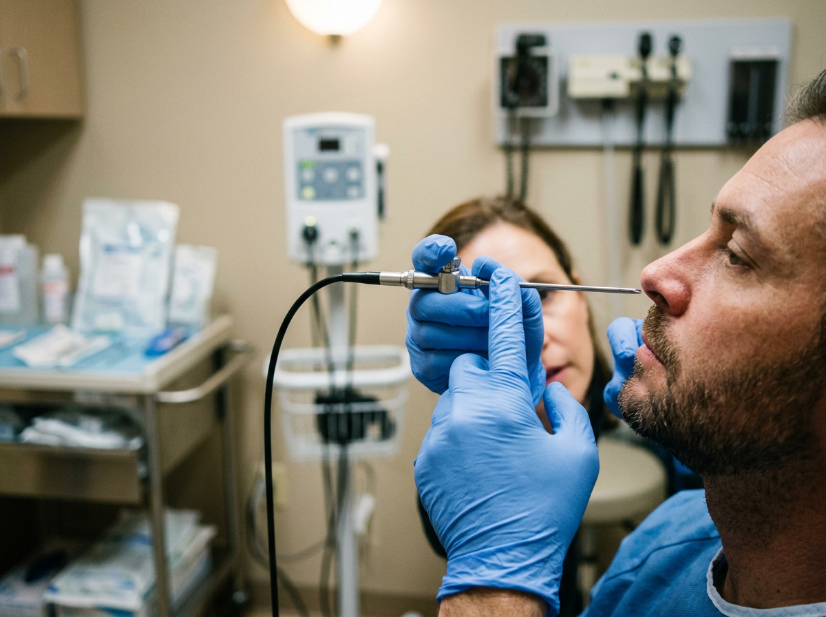 Close-up of gloved clinical hands performing a nasal endoscopy on a patient with a thin endoscope inserted into the nostril