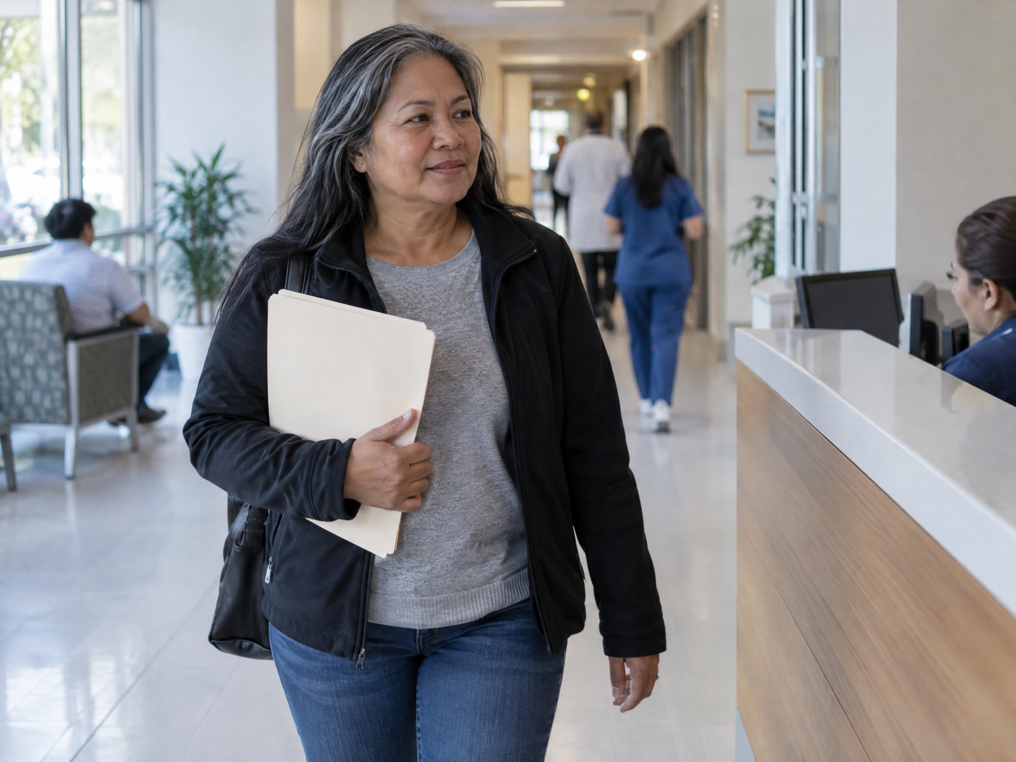 Veteran walking a VA medical center hallway with her folder to check in for her claim exam
