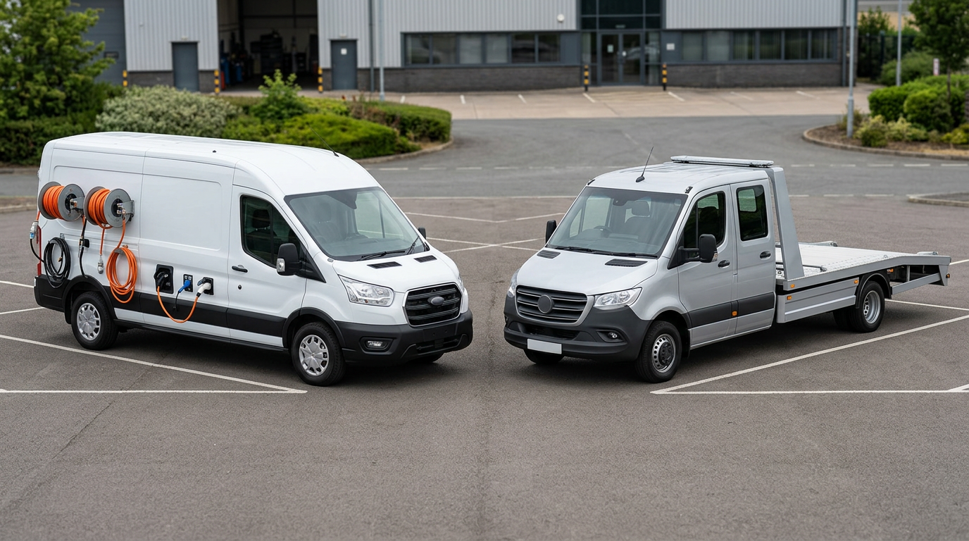 Side-by-side comparison of mobile EV charging van and traditional tow truck