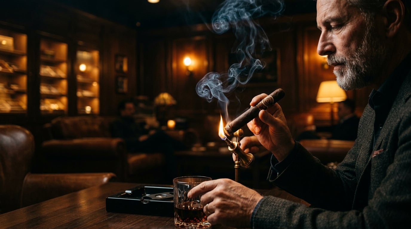 Warm and inviting atmosphere inside Hutch Humidor premium cigar lounge Hutchinson Kansas