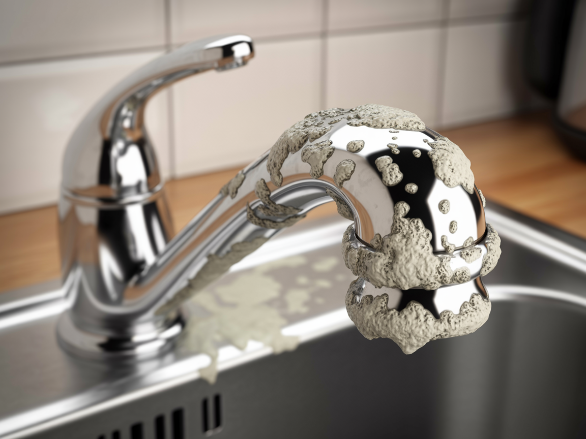 Chrome faucet covered in hard water spots and limescale mineral deposits