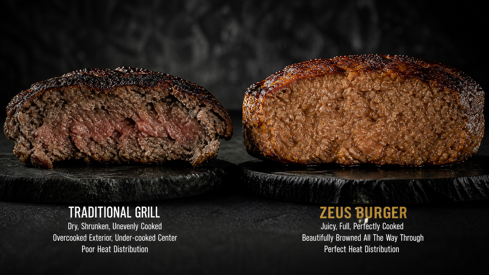 Side-by-side comparison: traditional grill (dry, shrunken patty) vs Zeus Burger (juicy, uniformly cooked patty)