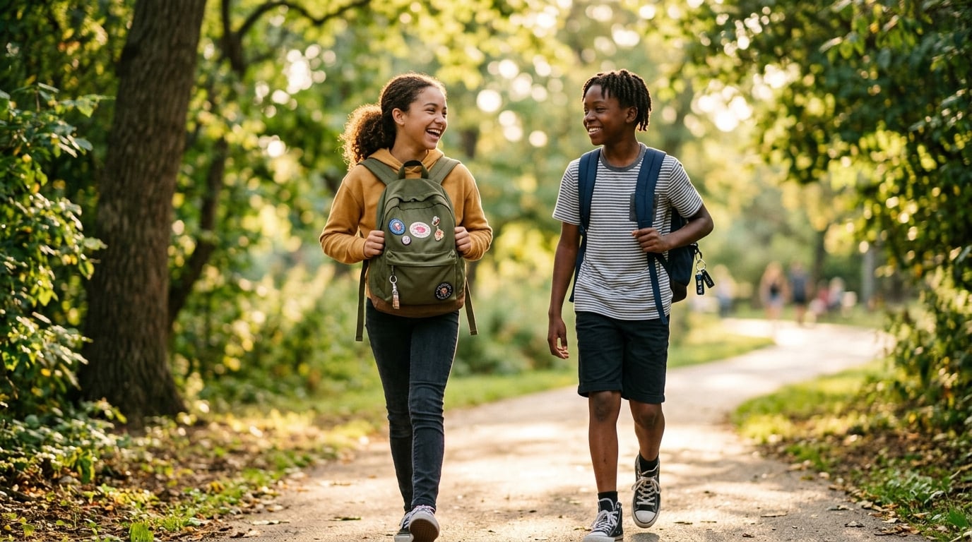 A confident middle-school boy and girl walking together with backpacks