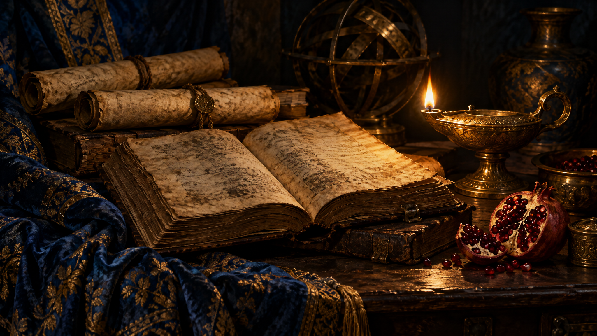 Folios and rolled scrolls beside an oil lamp and a pomegranate
