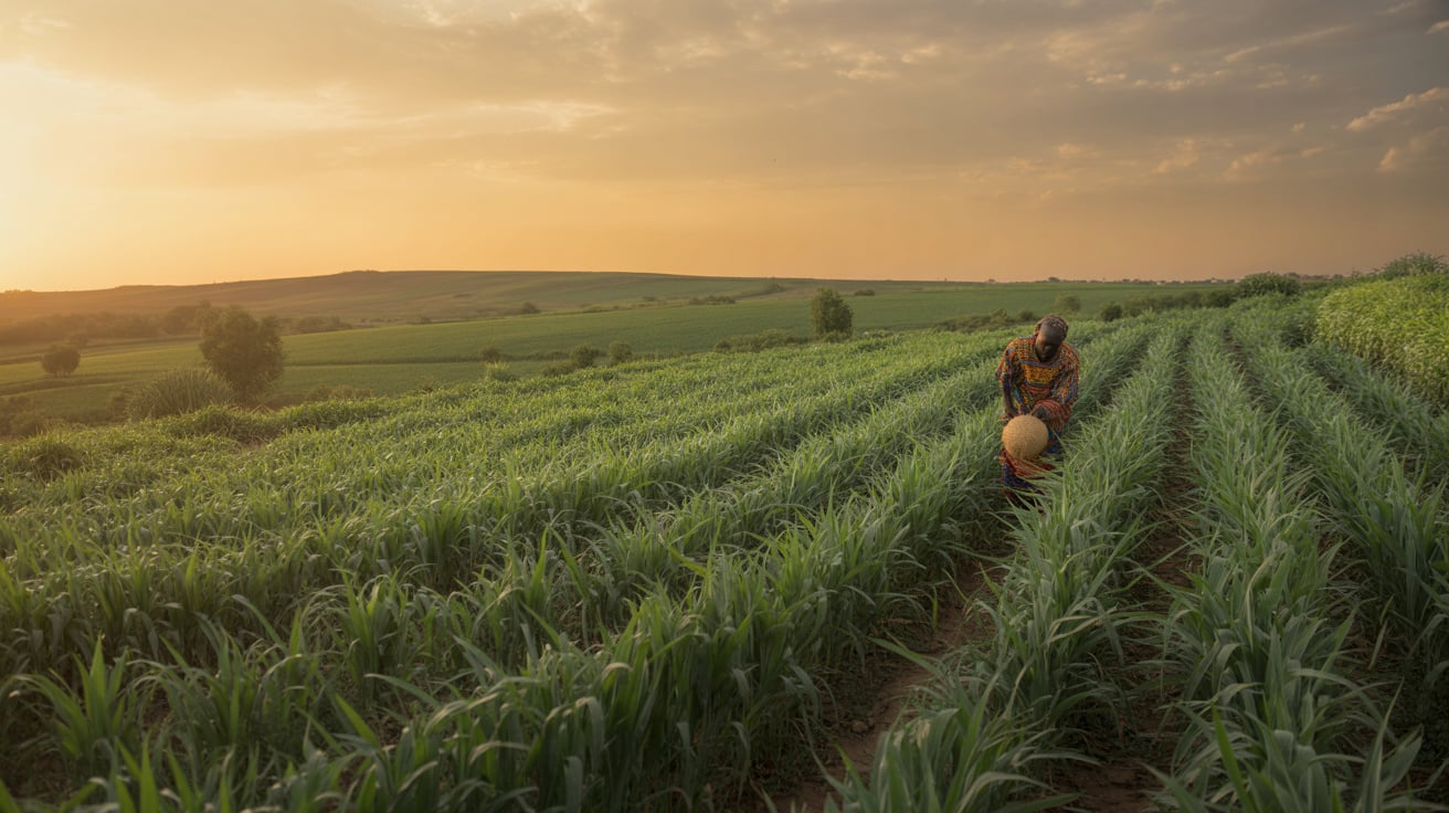 Paysage agricole sénégalais au coucher du soleil doré