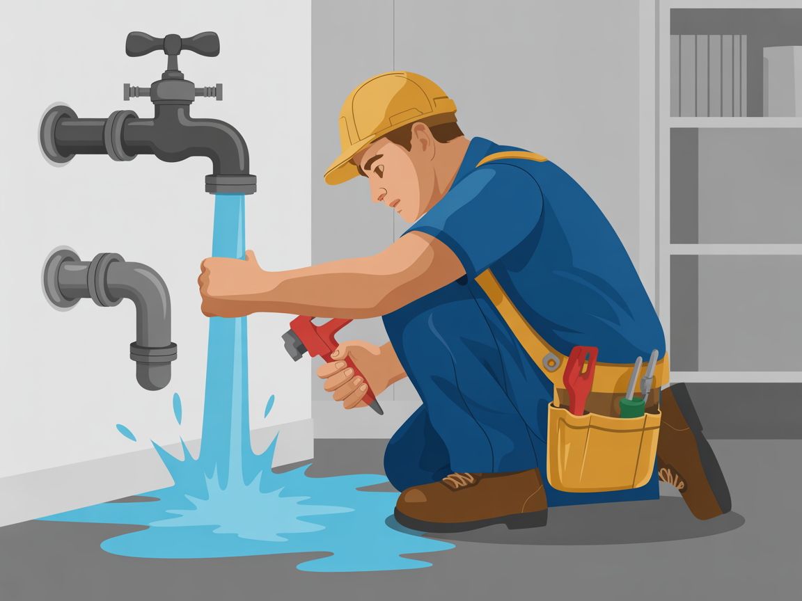 Emergency plumber responding to burst pipe in London