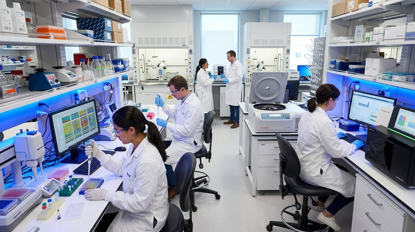 Research laboratory with scientists working on nucleic acid processing equipment