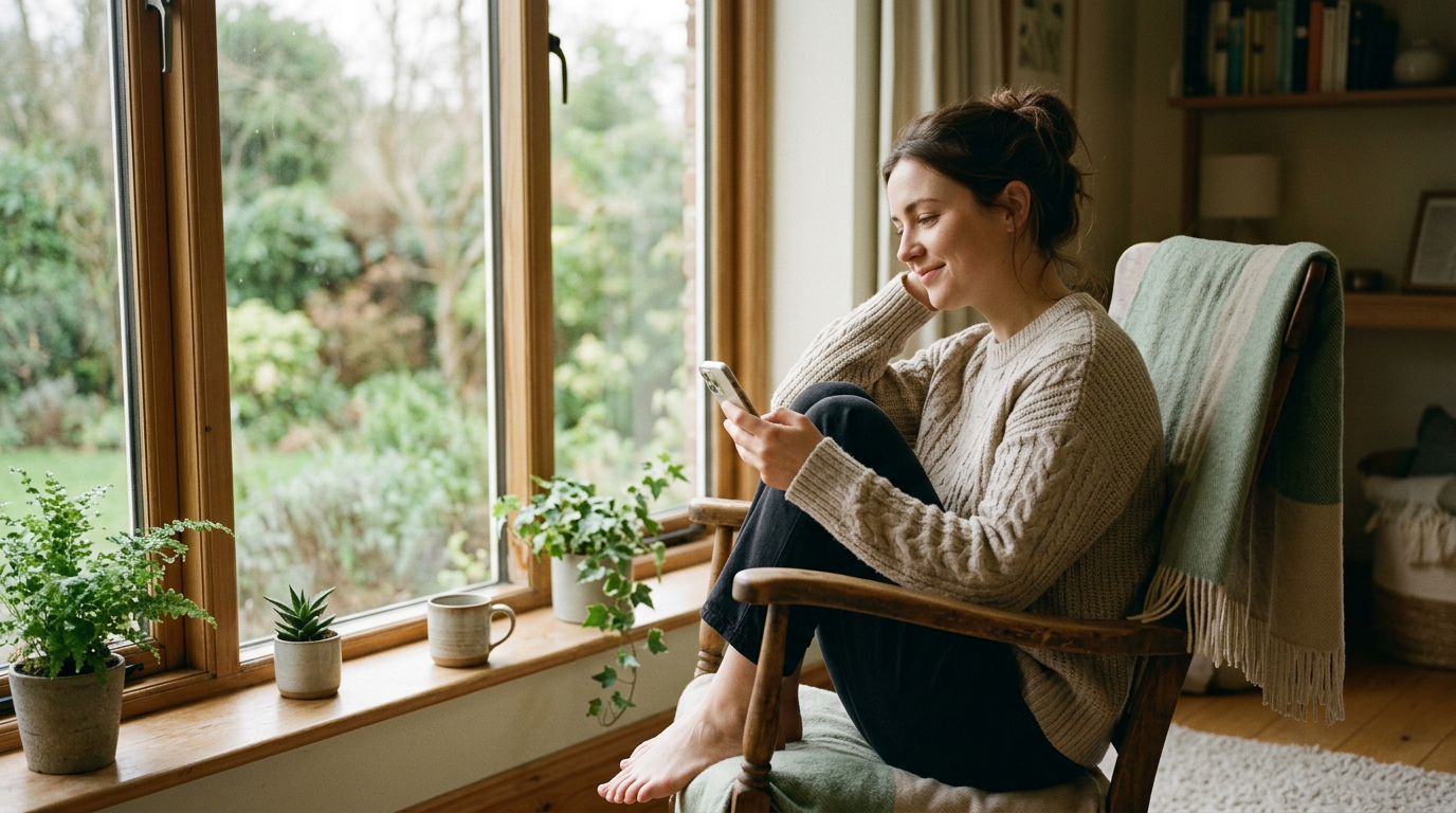 A person sitting calmly by a bright window, thoughtfully reading a message on their phone