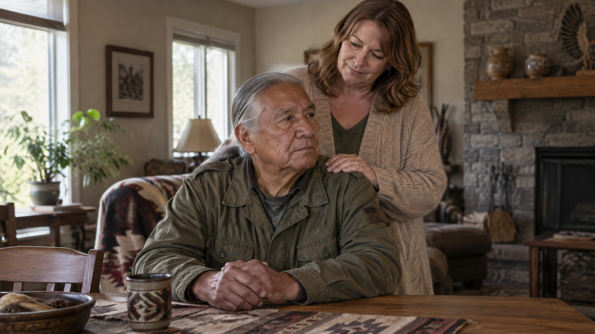 An older veteran at home with a family member's hand on his shoulder