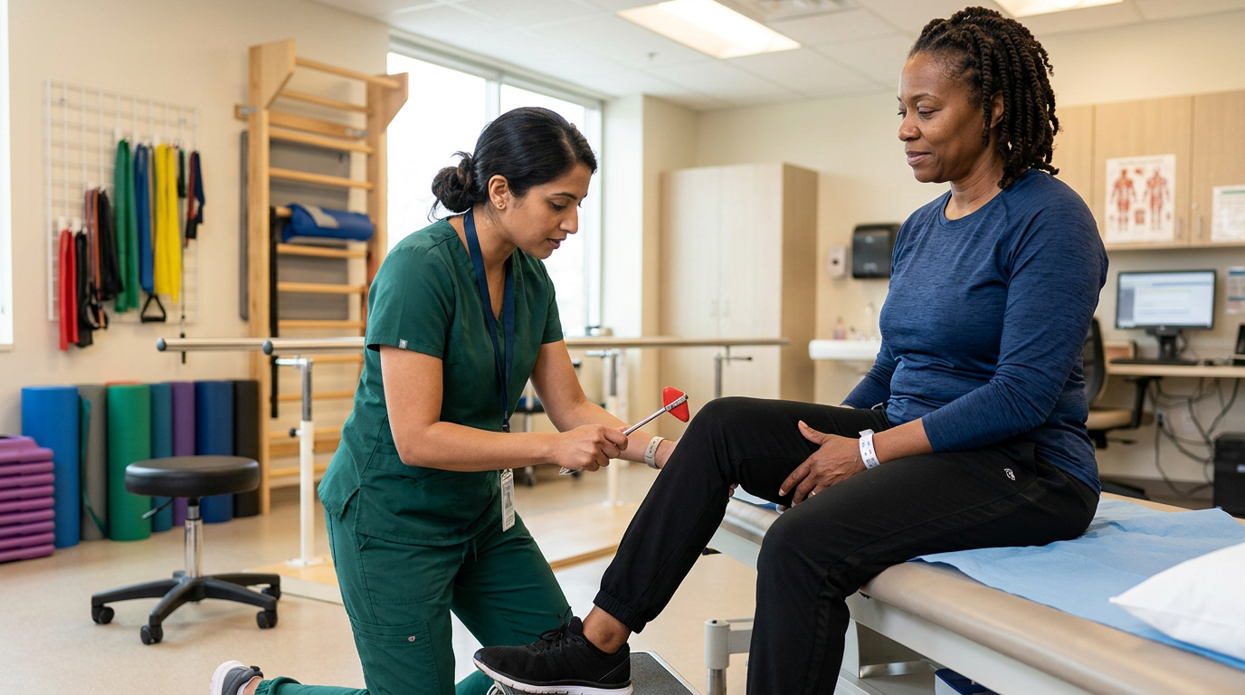 Physical therapist using a reflex hammer on the knee of a Black female veteran in her 50s during a neurological strength and reflex exam