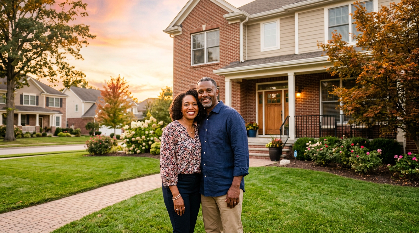 Homeowners standing together in front of their home at sunset