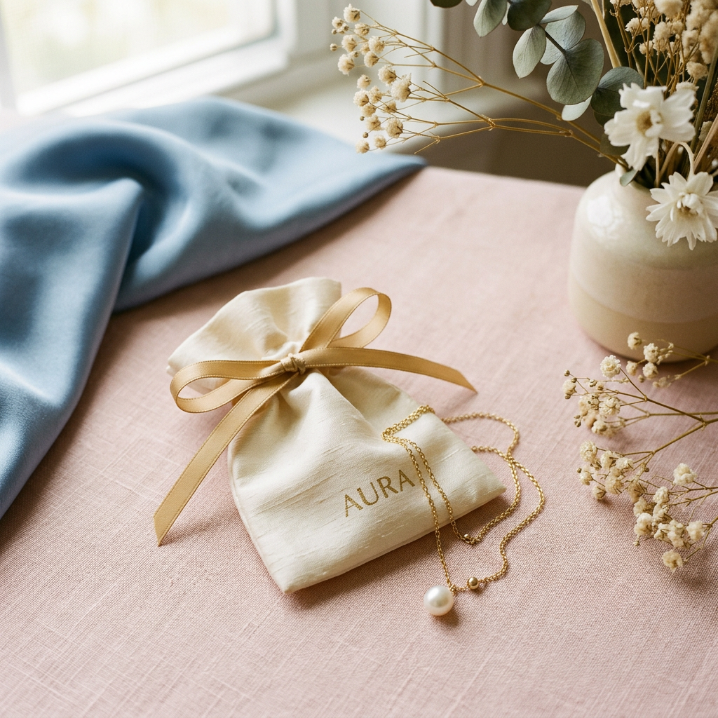 Gift moment with a jewelry pouch and gold pearl-pendant necklace