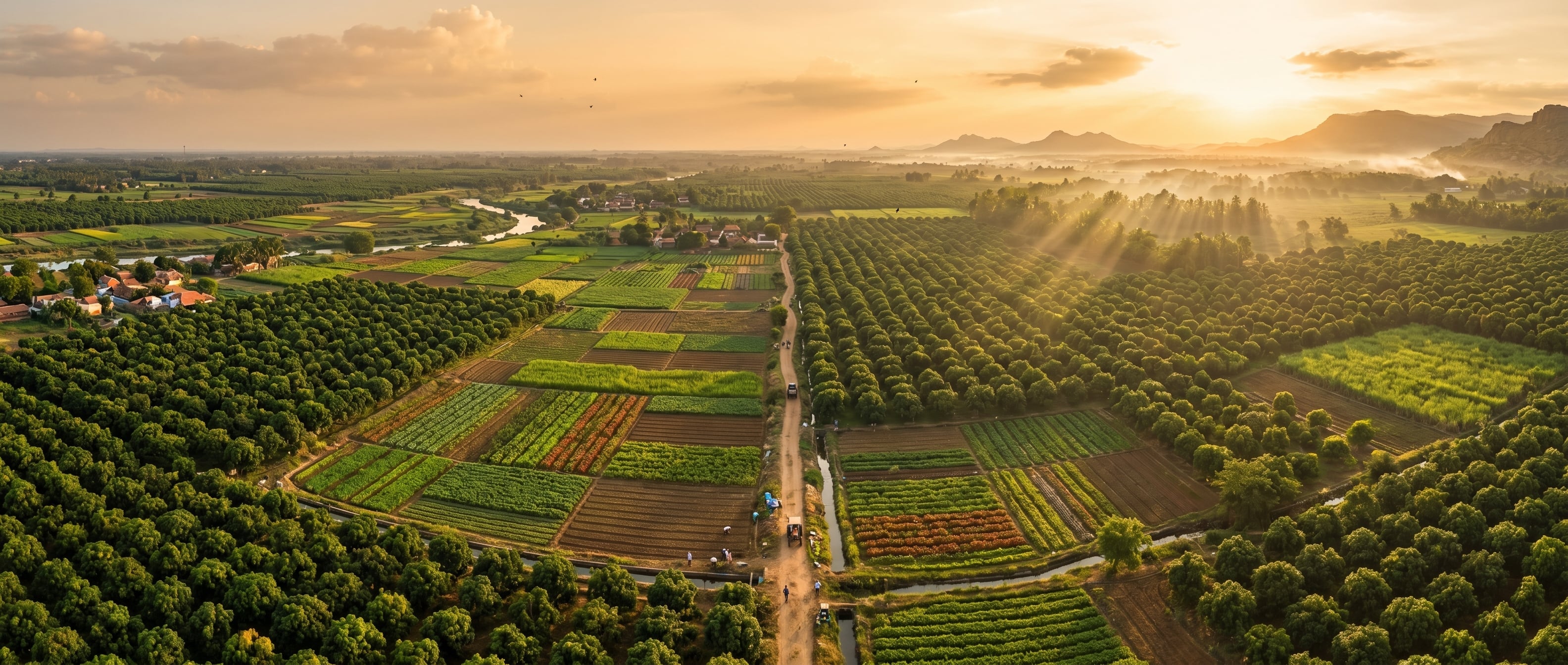 Aerial view of premium Indian farmland at golden hour