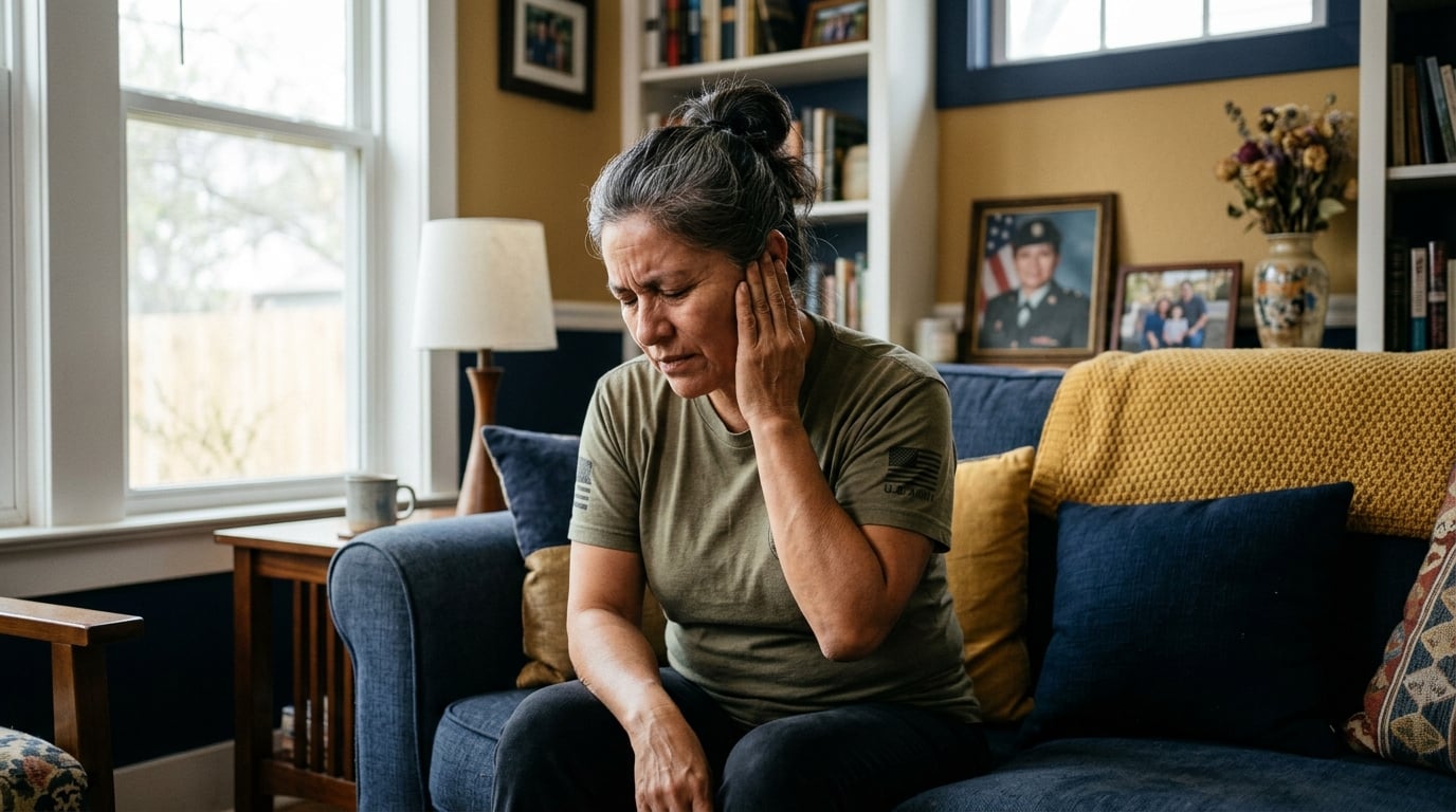 A woman veteran distressed by constant ringing in her ears at home