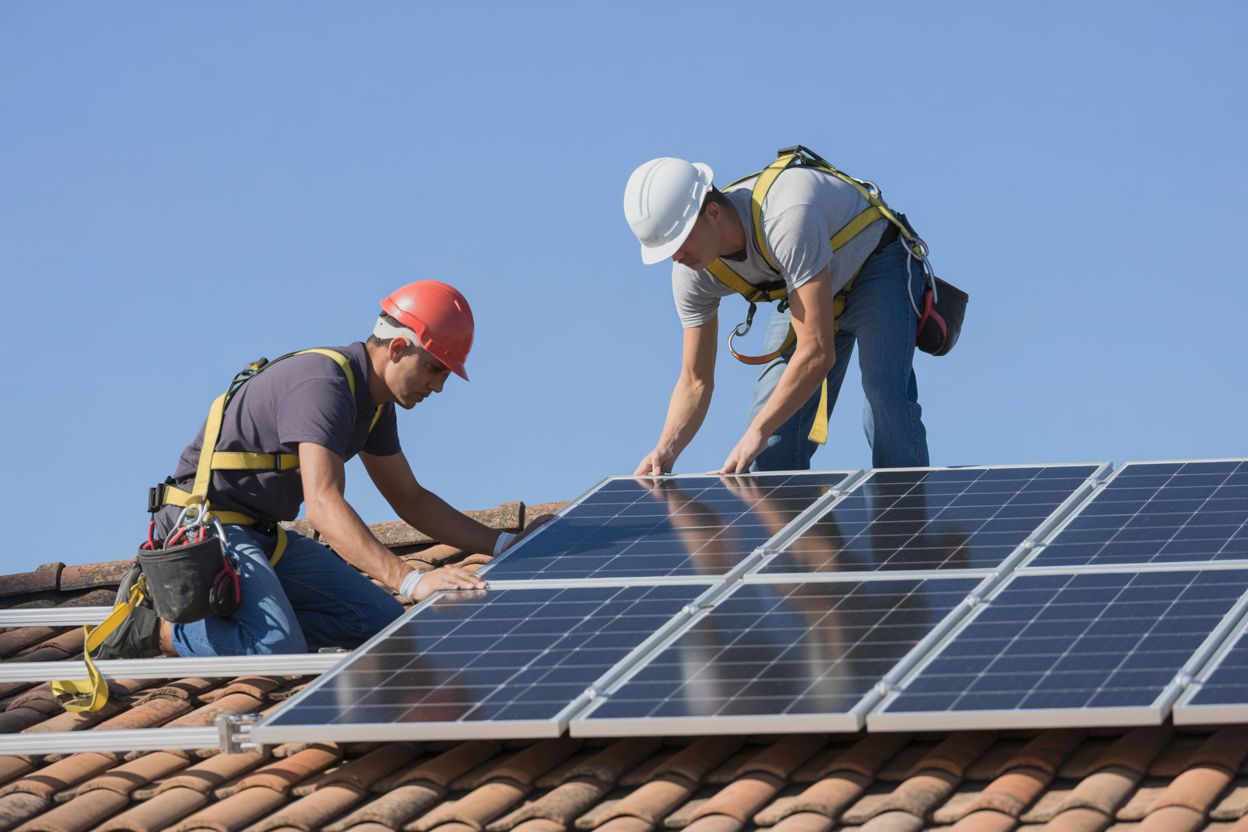 Equipe técnica instalando painéis solares