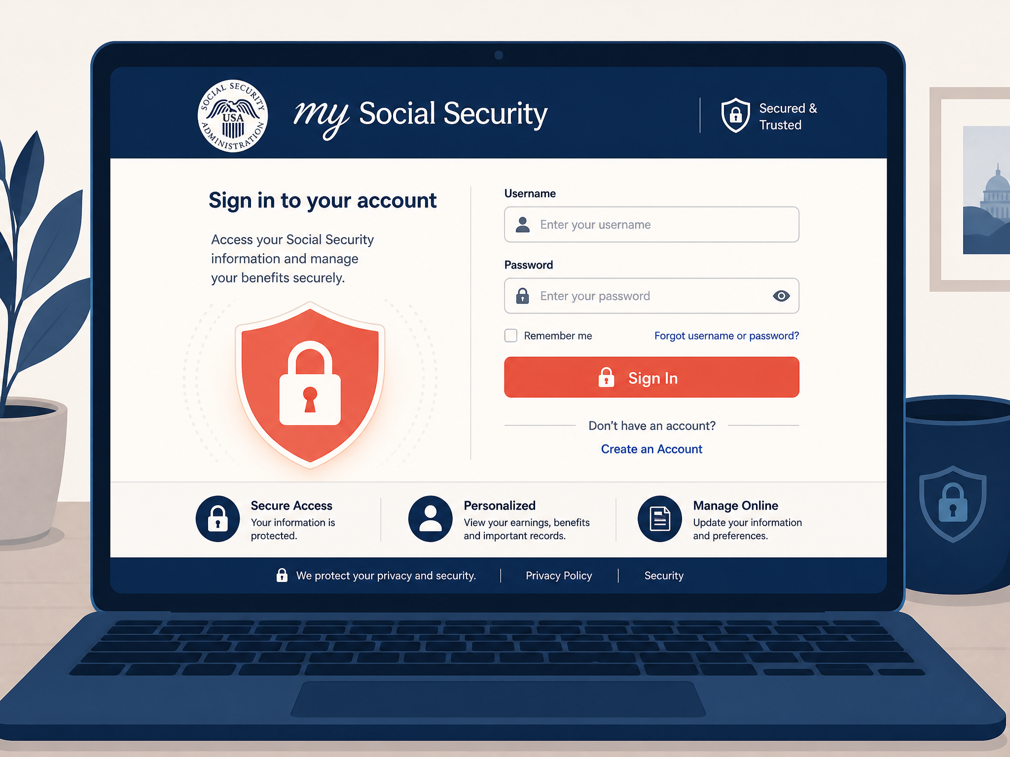 Illustration of the my Social Security sign-in screen on a laptop with a secure-login shield - opening your online account