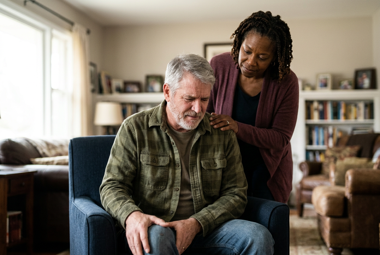 A military veteran seated with physical difficulty as a family member offers a supportive hand