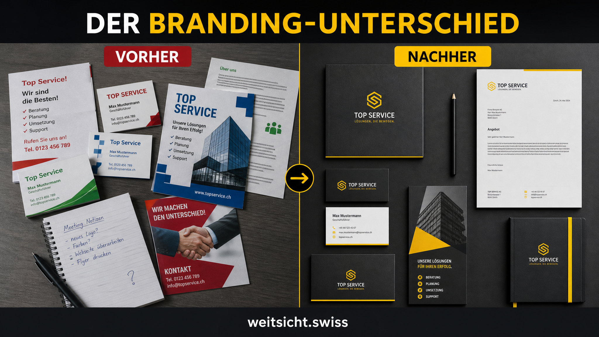 Vorher Nachher Branding Vergleich – Inkonsistenter vs. einheitlicher Auftritt