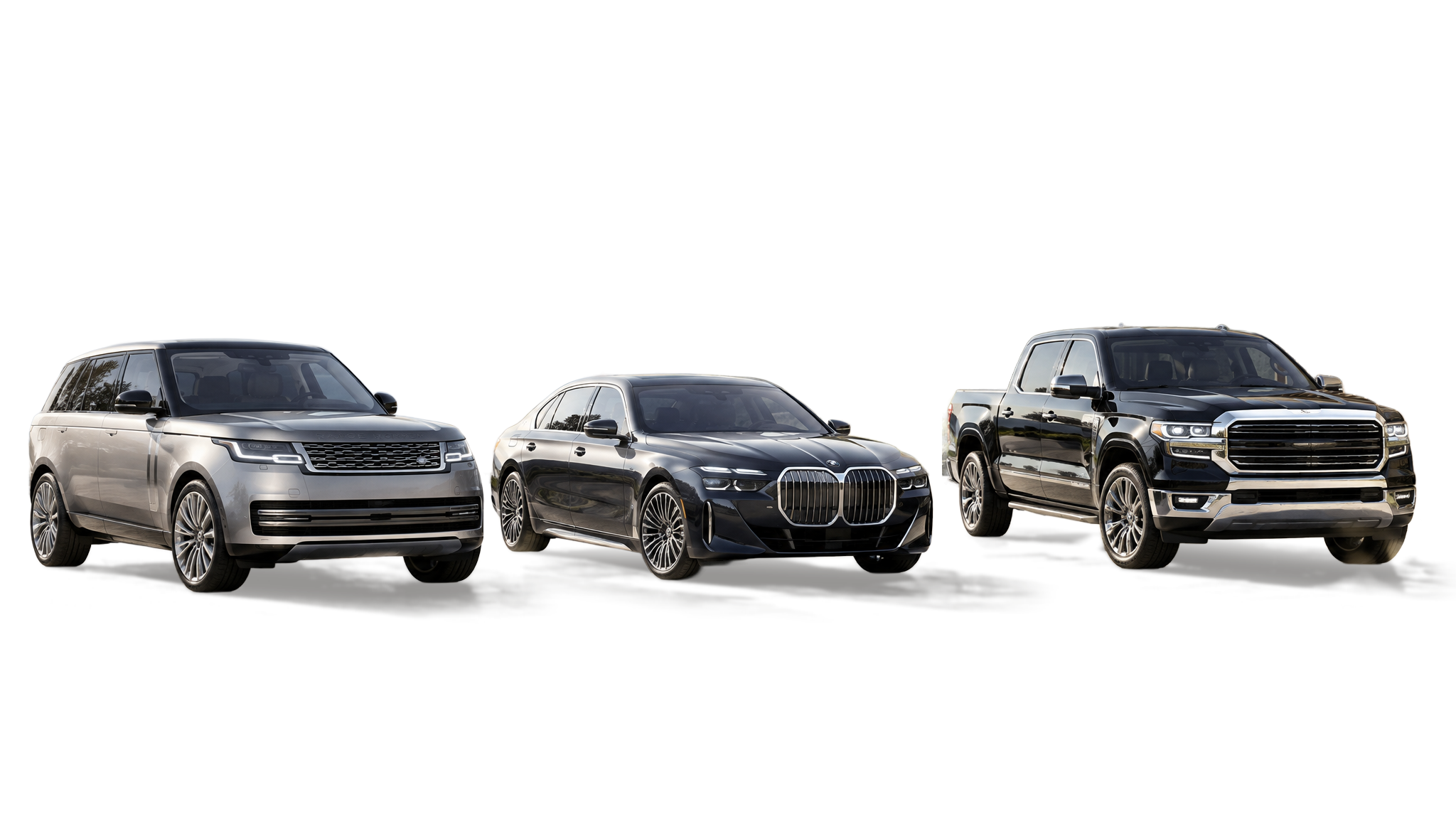 Illustrative luxury SUV, sedan, and pickup lined up with subtle shadows on an ivory background