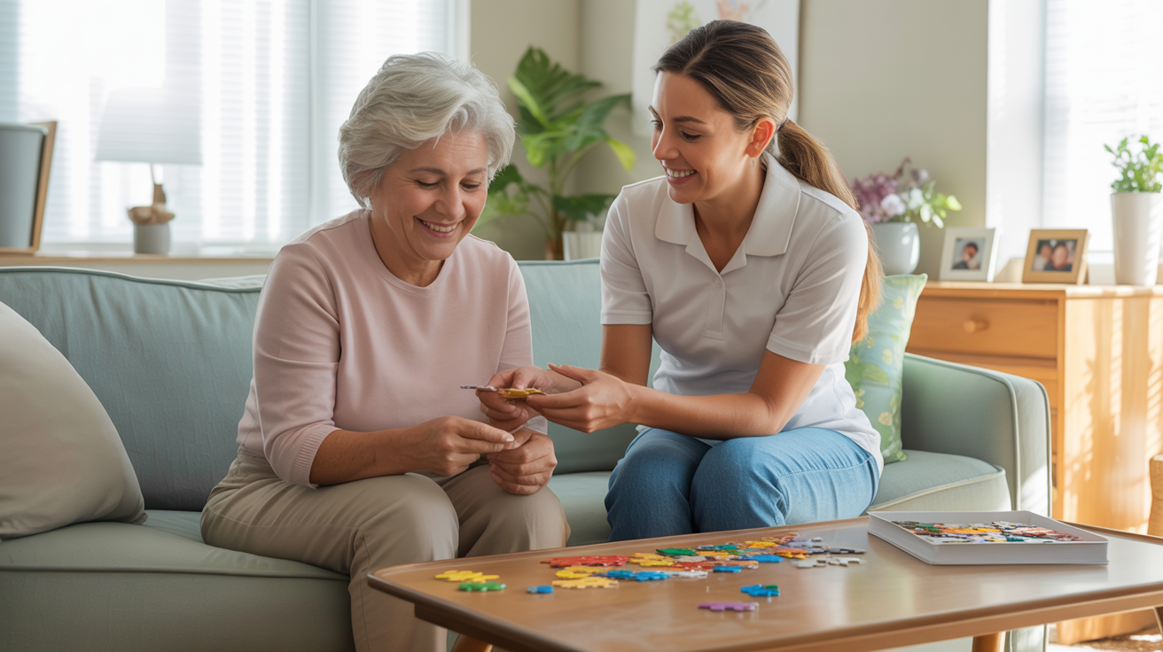 Respite Care Services | Caregiver Relief & Senior Support Los Angeles Professional respite caregiver engaging elderly patient in activities at home - family caregiver relief and senior engagement in Los Angeles