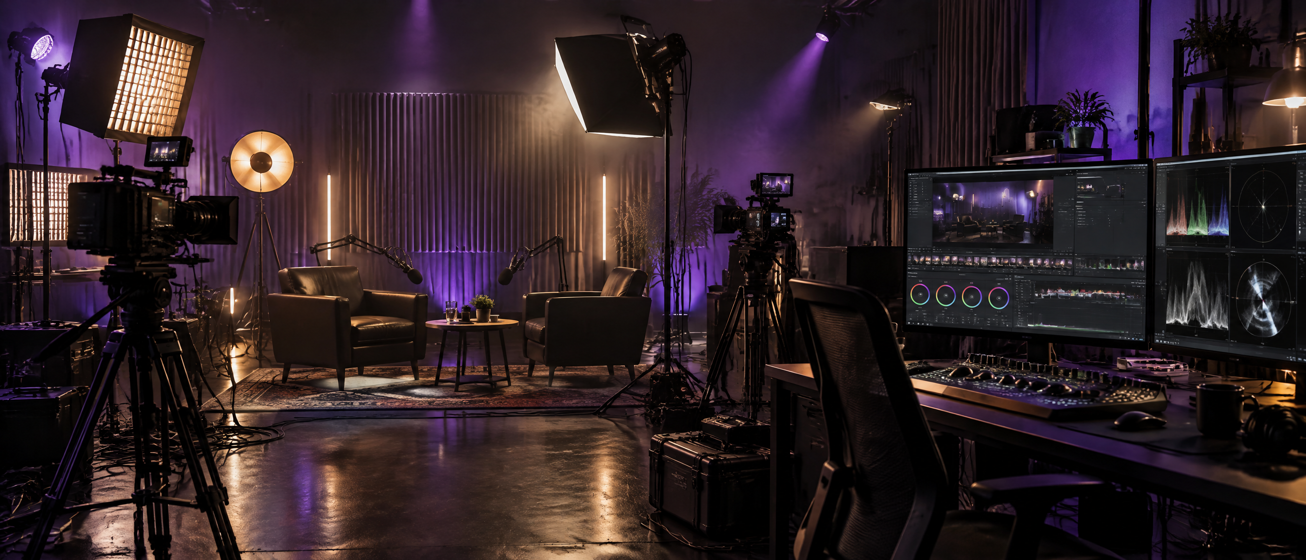 Professional production studio with cameras, lighting, microphones and editing monitors