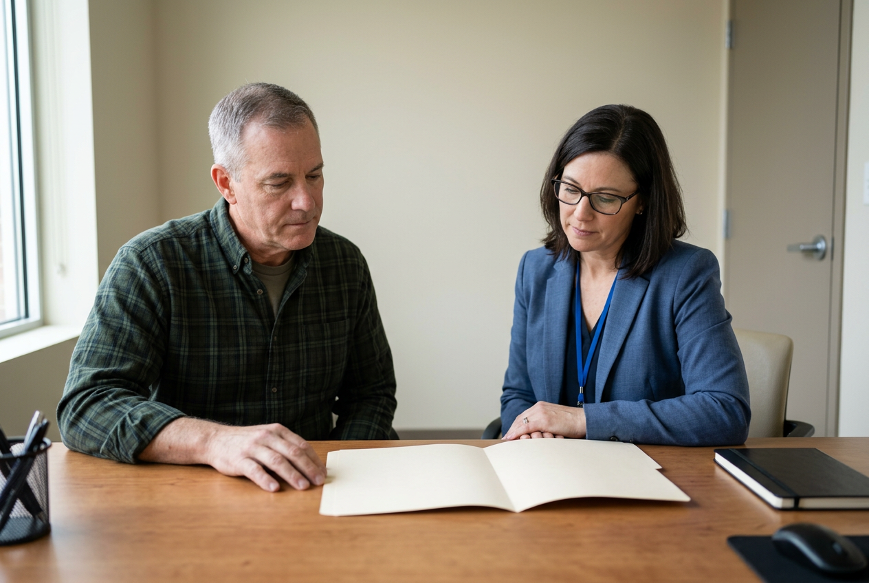 A clinician and a veteran seated together reviewing a blank manila folder on a desk