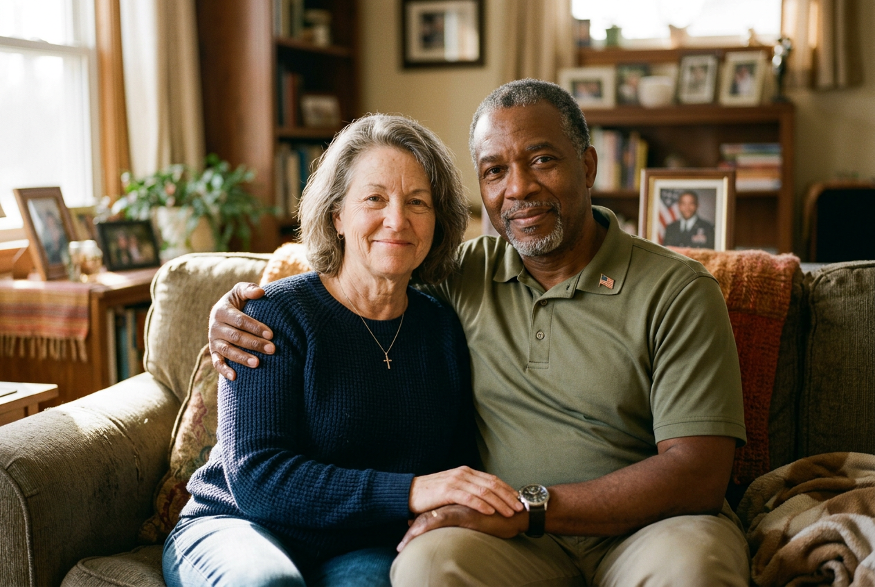 A mature military veteran couple looking forward with quiet optimism