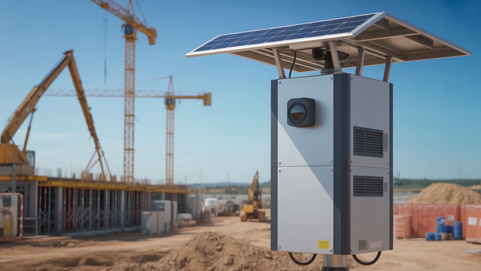 Mobile security camera surveillance tower at active construction site