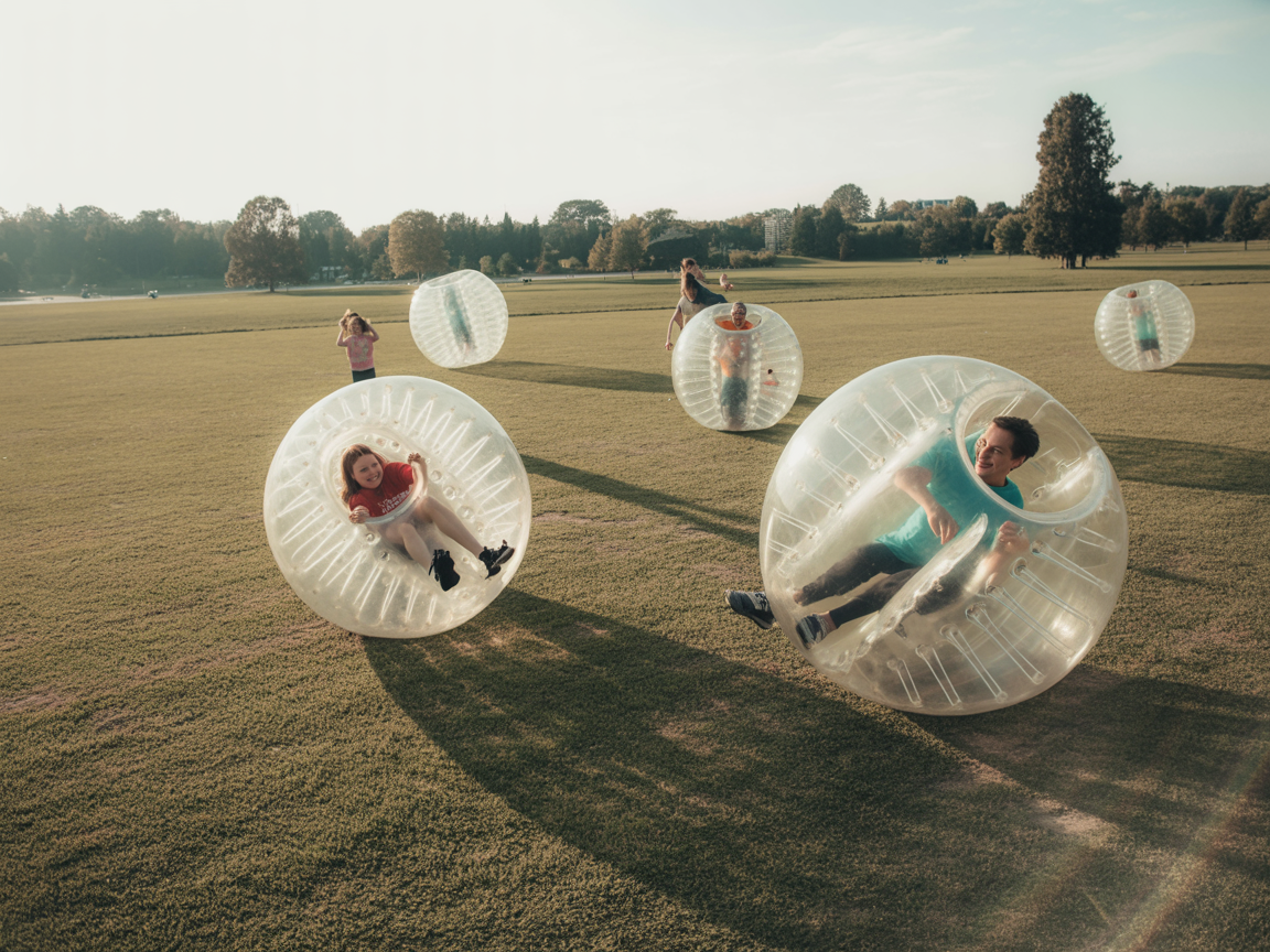 Land zorbing on flat grassy terrain with families rolling in zorb balls