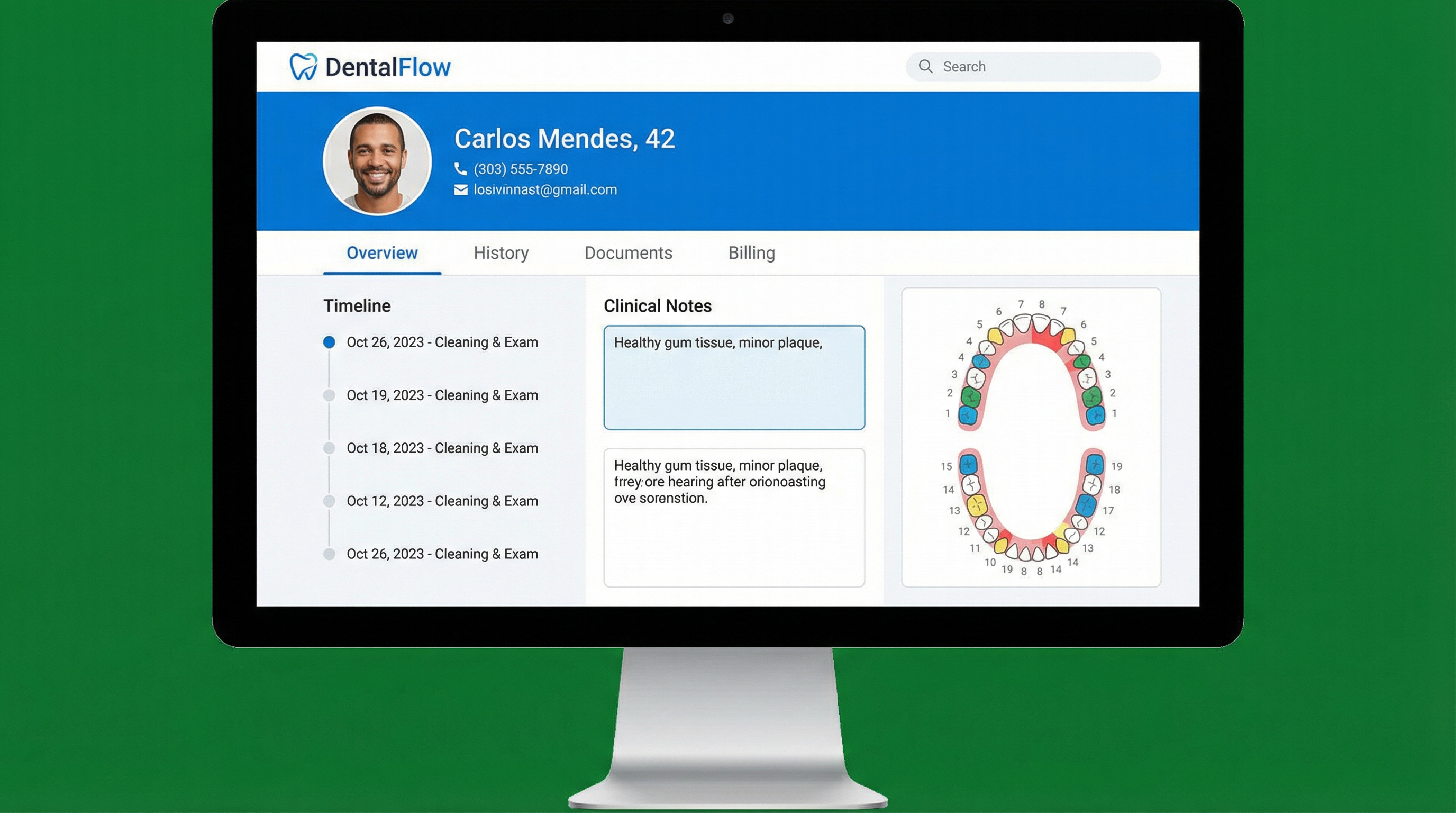 Painel do sistema DentalFlow mostrando prontuário digital