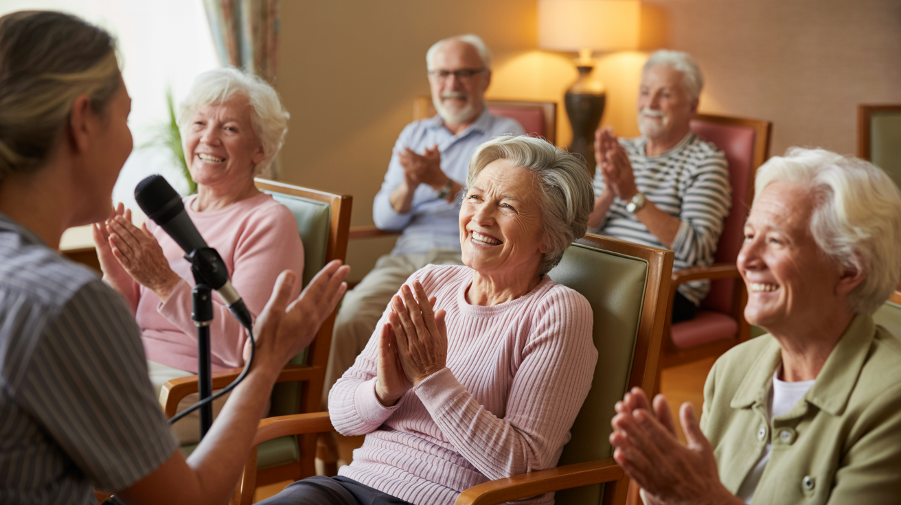 Seniors enjoying a live music performance in a community setting