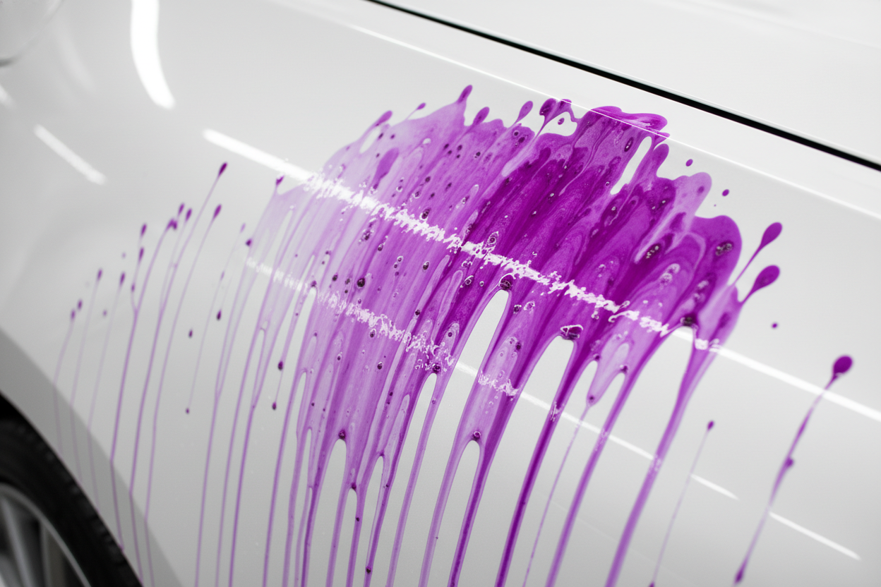 Iron remover showing purple chemical reaction on white car paint, revealing contamination