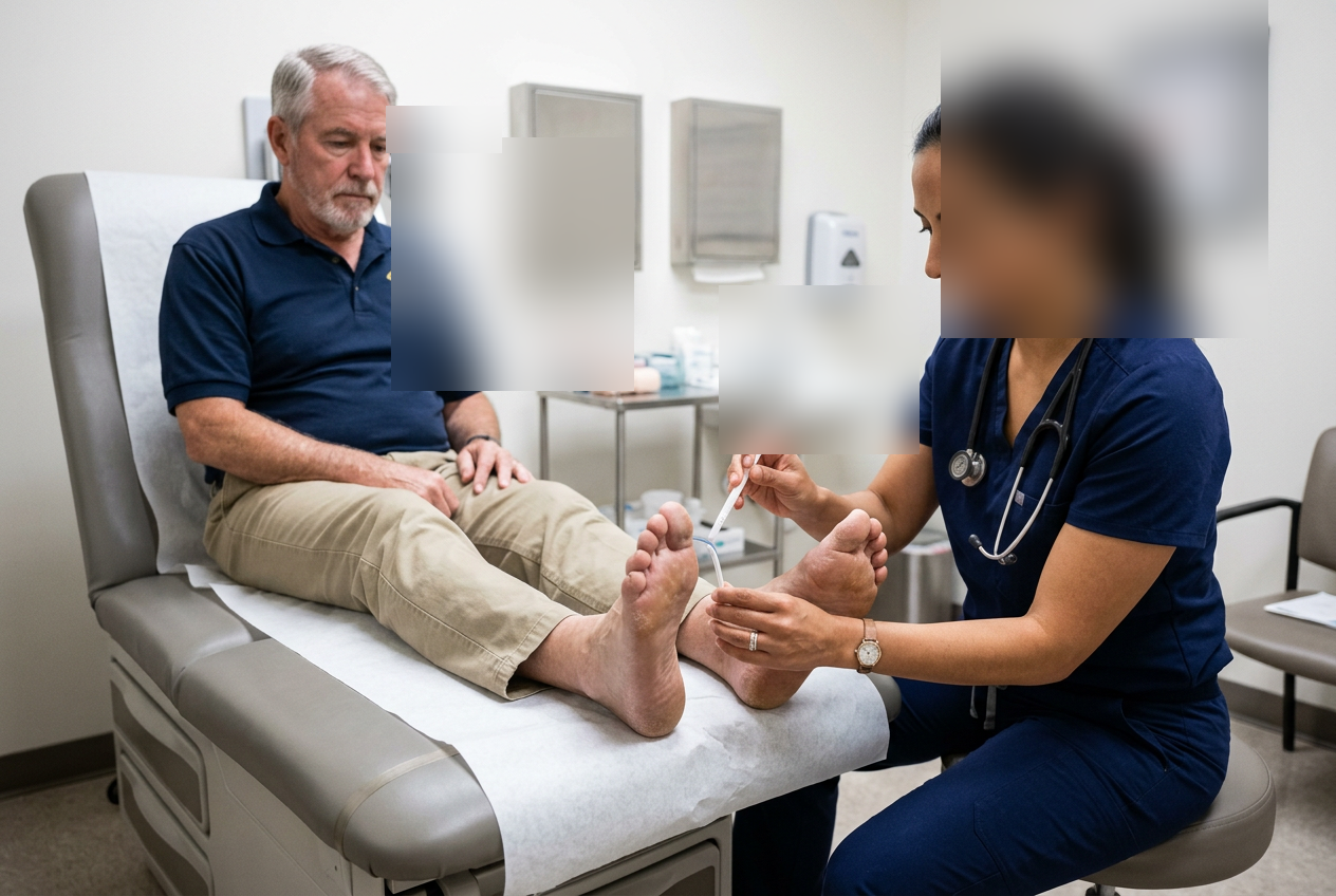 Female clinician examining a male veteran feet by pressing a monofilament testing instrument against the sole to check for diabetic neuropathy