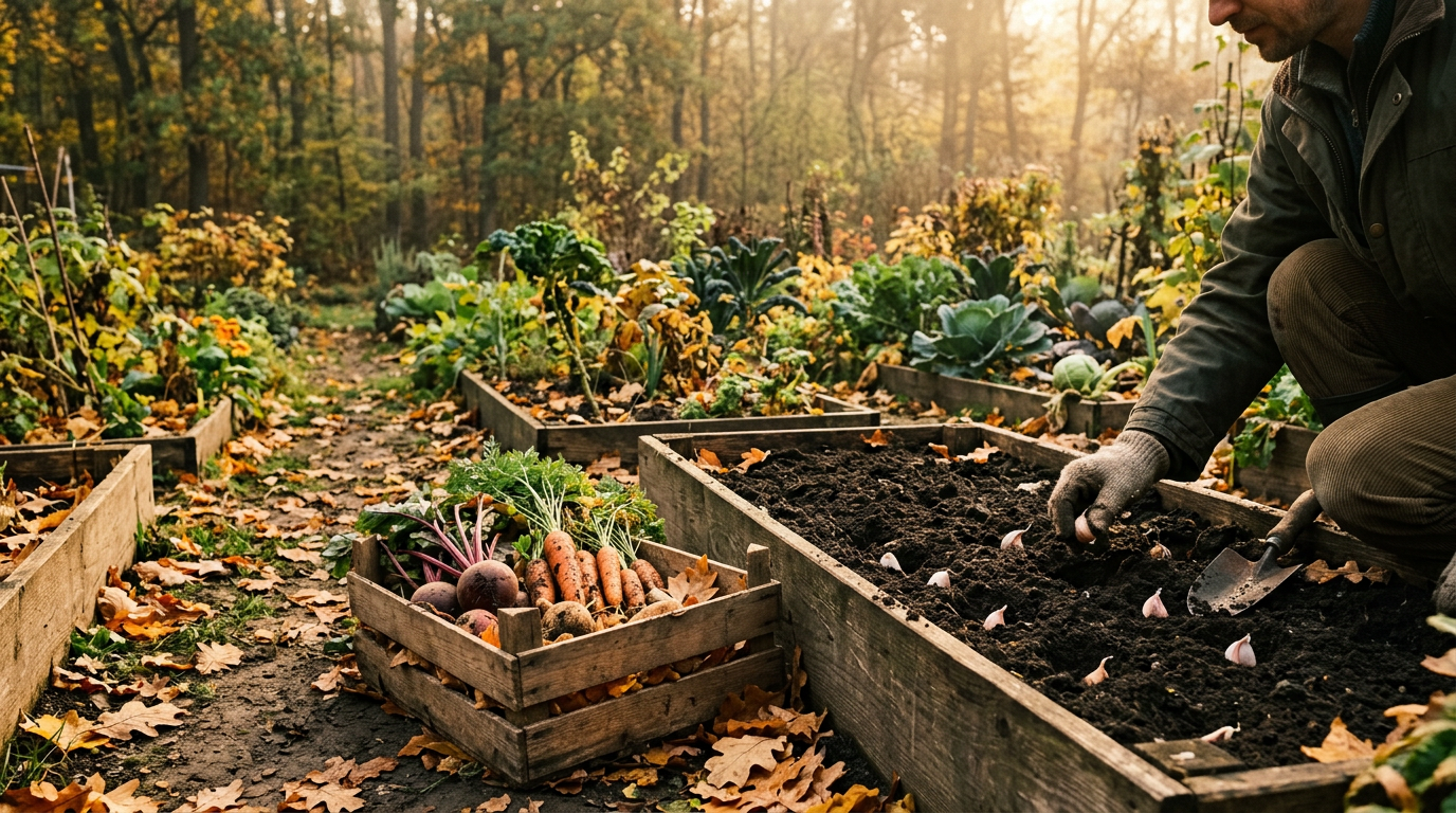 October garden — a autumn scene in a temperate Central European vegetable garden