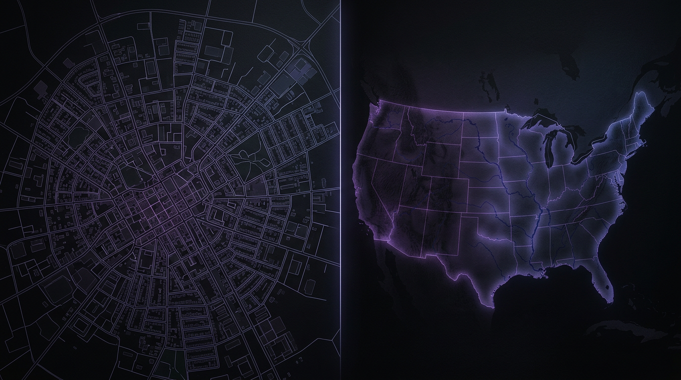 Split map view — a zoomed-in local town map beside a zoomed-out national map
