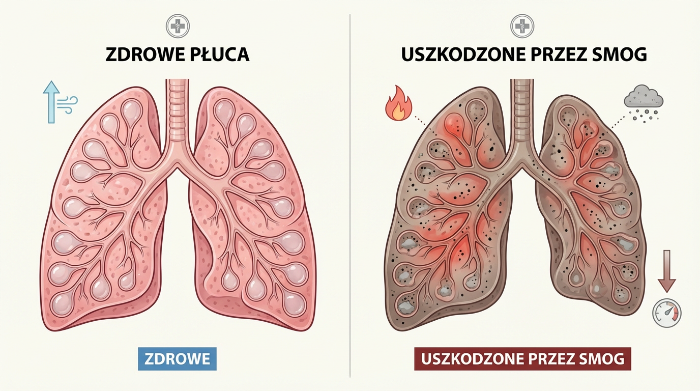 Ilustracja medyczna: tkanka płucna zdrowa vs uszkodzona przez smog